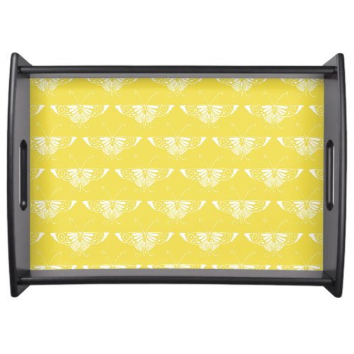 Stylized Art Deco butterfly _ yellow and white Serving Tray