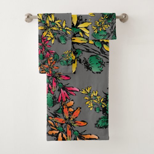Stylized Artistic Wildflowers Pattern Bath Towel Set