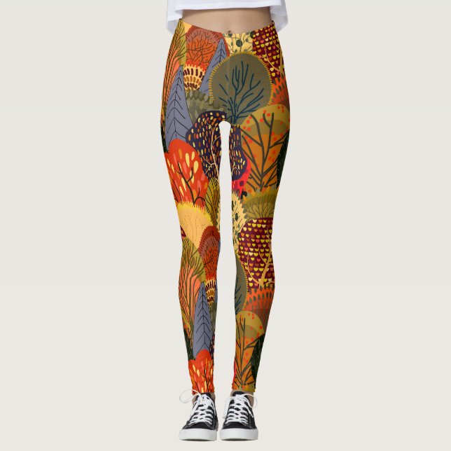 Stylized autumn trees, bright forest pattern. leggings (Front)