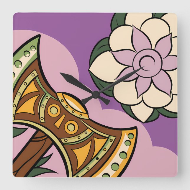 Stylized Axe and Flower Design Square Wall Clock (Front)