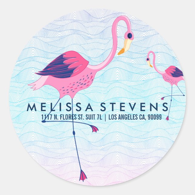 Stylized Beach Water Waves & Pink Flamingos Classic Round Sticker (Front)
