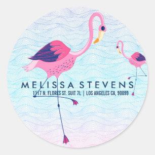 Stylized Beach Water Waves & Pink Flamingos Classic Round Sticker