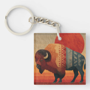 Stylized Bison with Native American Patterns  Keychain
