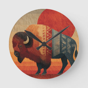 Stylized Bison with Native American Patterns Round Clock