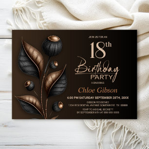 Stylized Black and Copper Eucalyptus 18th Birthday Invitation