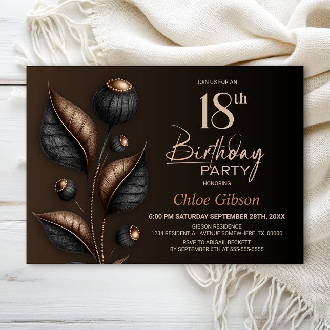 Stylized Black and Copper Eucalyptus 18th Birthday Invitation (Creator Uploaded)