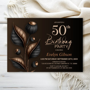Stylized Black and Copper Eucalyptus 50th Birthday Invitation