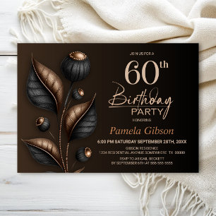 Stylized Black and Copper Eucalyptus 60th Birthday Invitation