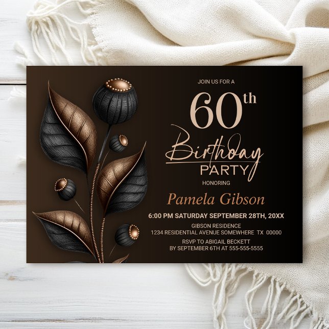 Stylized Black and Copper Eucalyptus 60th Birthday Invitation (Creator Uploaded)