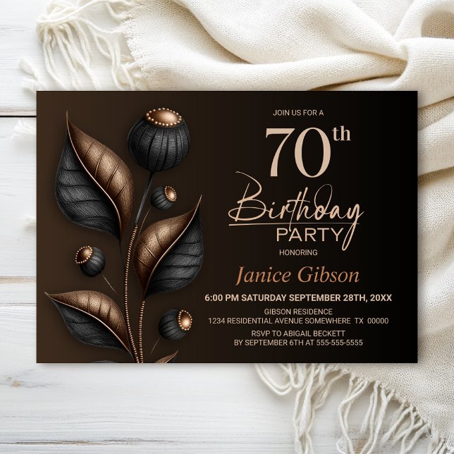 Stylized Black and Copper Eucalyptus 70th Birthday Invitation (Creator Uploaded)