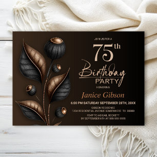 Stylized Black and Copper Eucalyptus 75th Birthday Invitation
