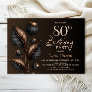 Stylized Black and Copper Eucalyptus 80th Birthday Invitation