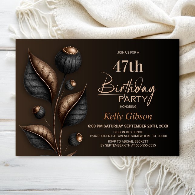 Stylized Black and Copper Eucalyptus Birthday Invitation (Creator Uploaded)