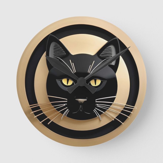Stylized Black Cat Illustration Round Clock (Front)