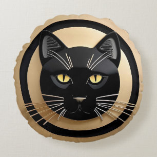 Stylized Black Cat Illustration Round Pillow
