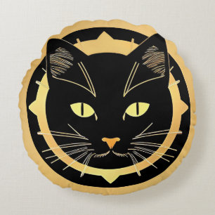 Stylized Black Cat Illustration Round Pillow