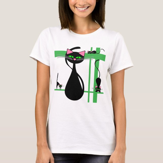 Stylized Black Cats on a Green Grid T-Shirt (Front)