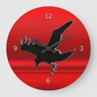 Stylized Black Flying Raven, red metallic effect Large Clock