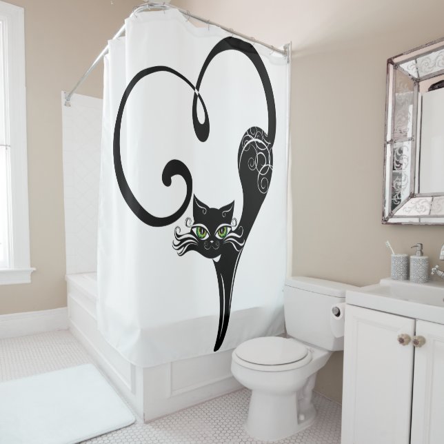 Stylized Black Heart Cat Shower Curtain (In Situ)