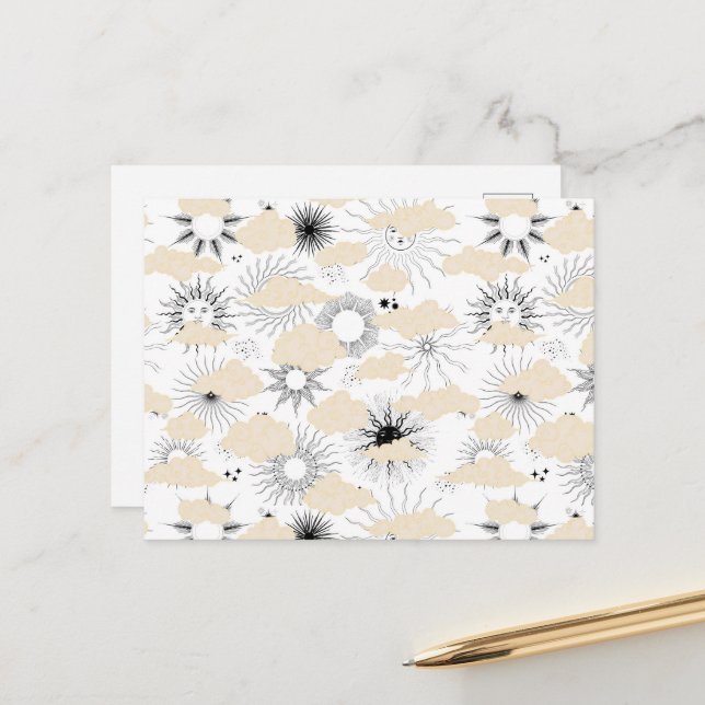 Stylized black suns behind textured tan clouds postcard (Front/Back In Situ)