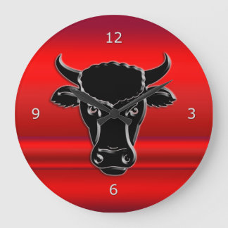 Stylized Black Taurus Bull Head, red metallic-look Large Clock