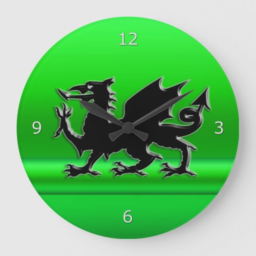 Stylized Black Welsh Dragon green metallic effect Large Clock