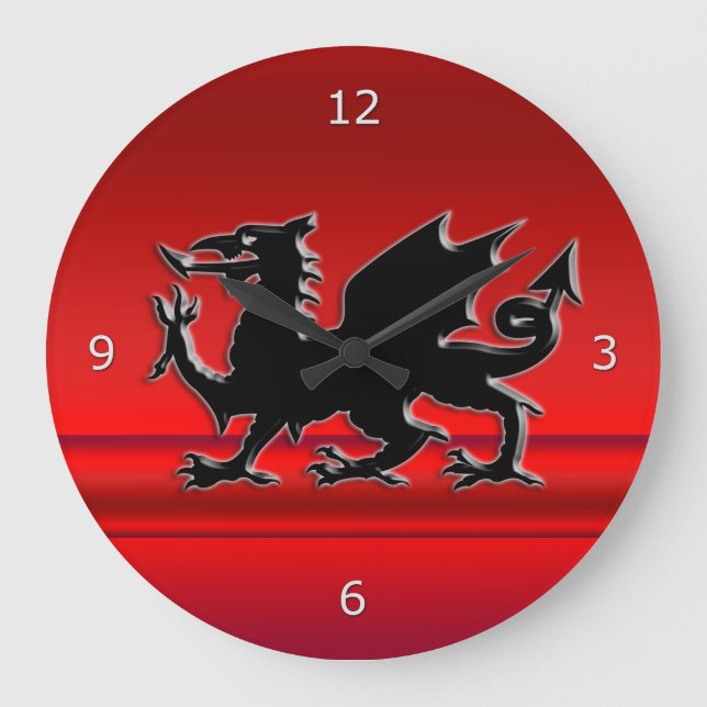 Stylized Black Welsh Dragon on red metallic effect Large Clock (Front)