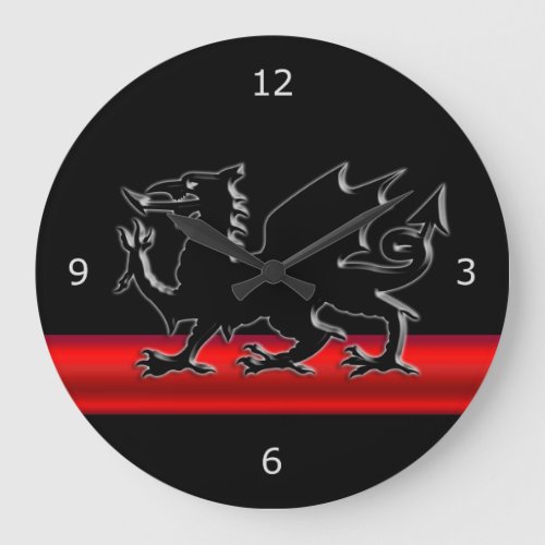 Stylized Black Welsh Dragon red metallic effect Large Clock