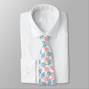 Stylized blue and coral red leaves pattern neck tie