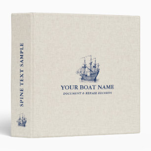 Stylized Blue Boat Yacht Logo Beige Linen Textur 3 Ring Binder