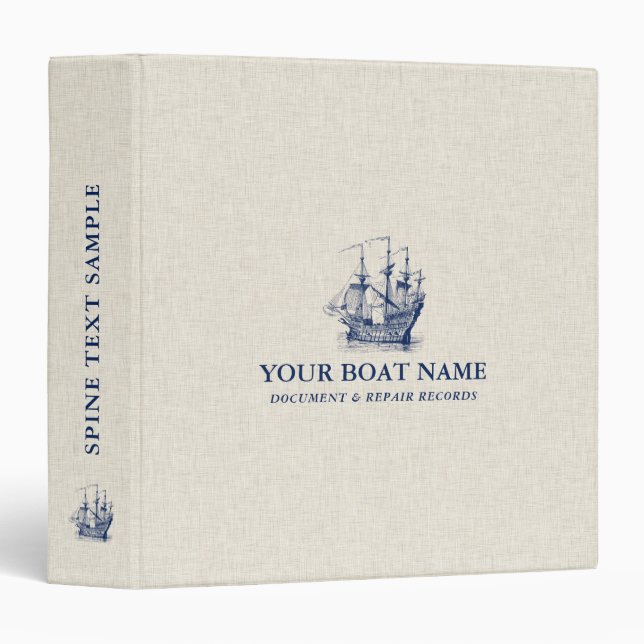 Stylized Blue Boat Yacht Logo Beige Linen Textur 3 Ring Binder (Front/Spine)