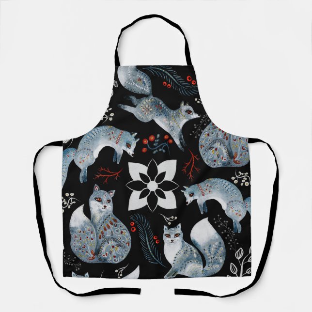  Stylized blue foxes with intricate floral designs Apron (Front)