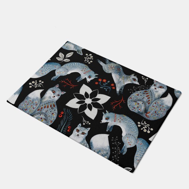  Stylized blue foxes with intricate floral designs Doormat (Angled)