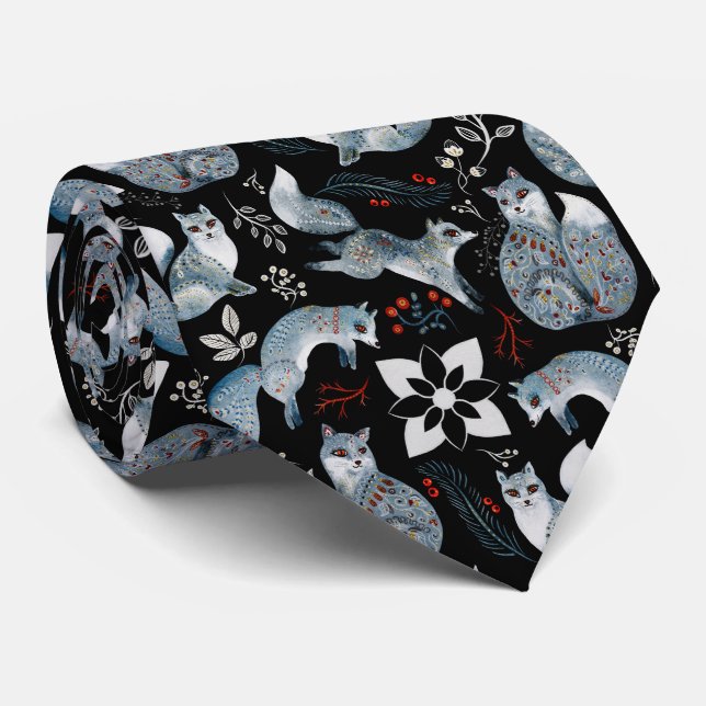 Stylized blue foxes with intricate floral designs Neck Tie (Rolled)