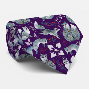Stylized blue foxes with intricate floral designs Neck Tie