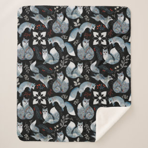Stylized blue foxes with intricate floral designs Sherpa Blanket