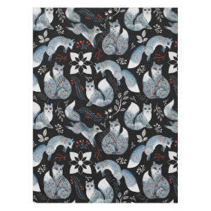 Stylized blue foxes with intricate floral designs Tablecloth