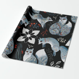 Stylized blue foxes with intricate floral designs Wrapping Paper