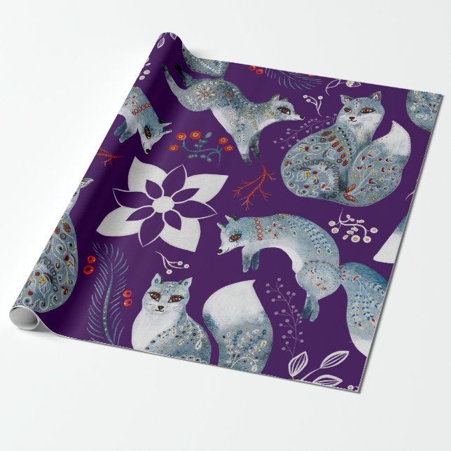  Stylized blue foxes with intricate floral designs Wrapping Paper (Unrolled)