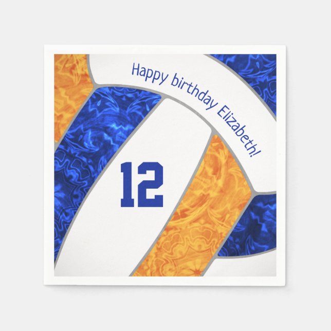 stylized blue orange girls volleyball sports napkins (Front)