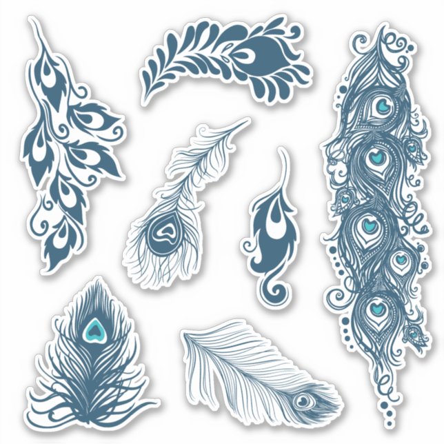 Stylized Blue Peafowl Peacock Feathers Vinyl Sticker (Front)
