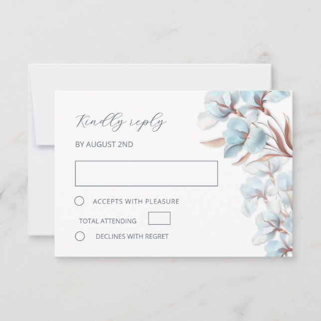 Stylized Blue Rose Gold Lily Layered Flowers RSVP Card (Front)