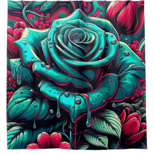 “Stylized Blue Rose with Raindrops" Shower Curtain