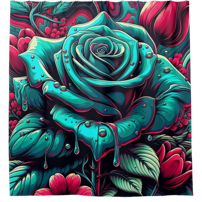“Stylized Blue Rose with Raindrops" Shower Curtain (Front)