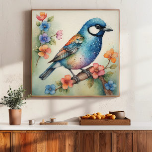 Stylized Bluebird and Blossoms Art  Poster