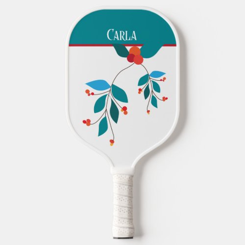 STYLIZED BOLD TEAL LEAF  RED BERRY WITH NAME PICKLEBALL PADDLE