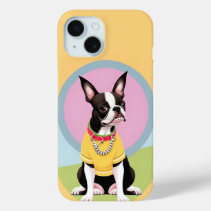 Stylized Boston Terrier Wearing Yellow Shirt iPhone 15 Case