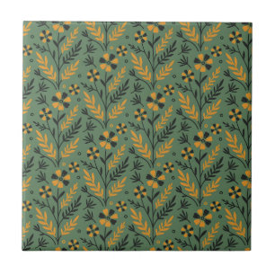 Stylized botanical orange and black floral pattern ceramic tile
