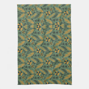 Stylized botanical orange and black floral pattern kitchen towel