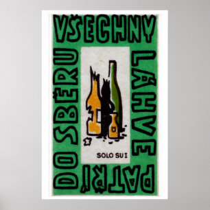 Stylized Bottles Matchbox Art Print, Czech Vintage Poster